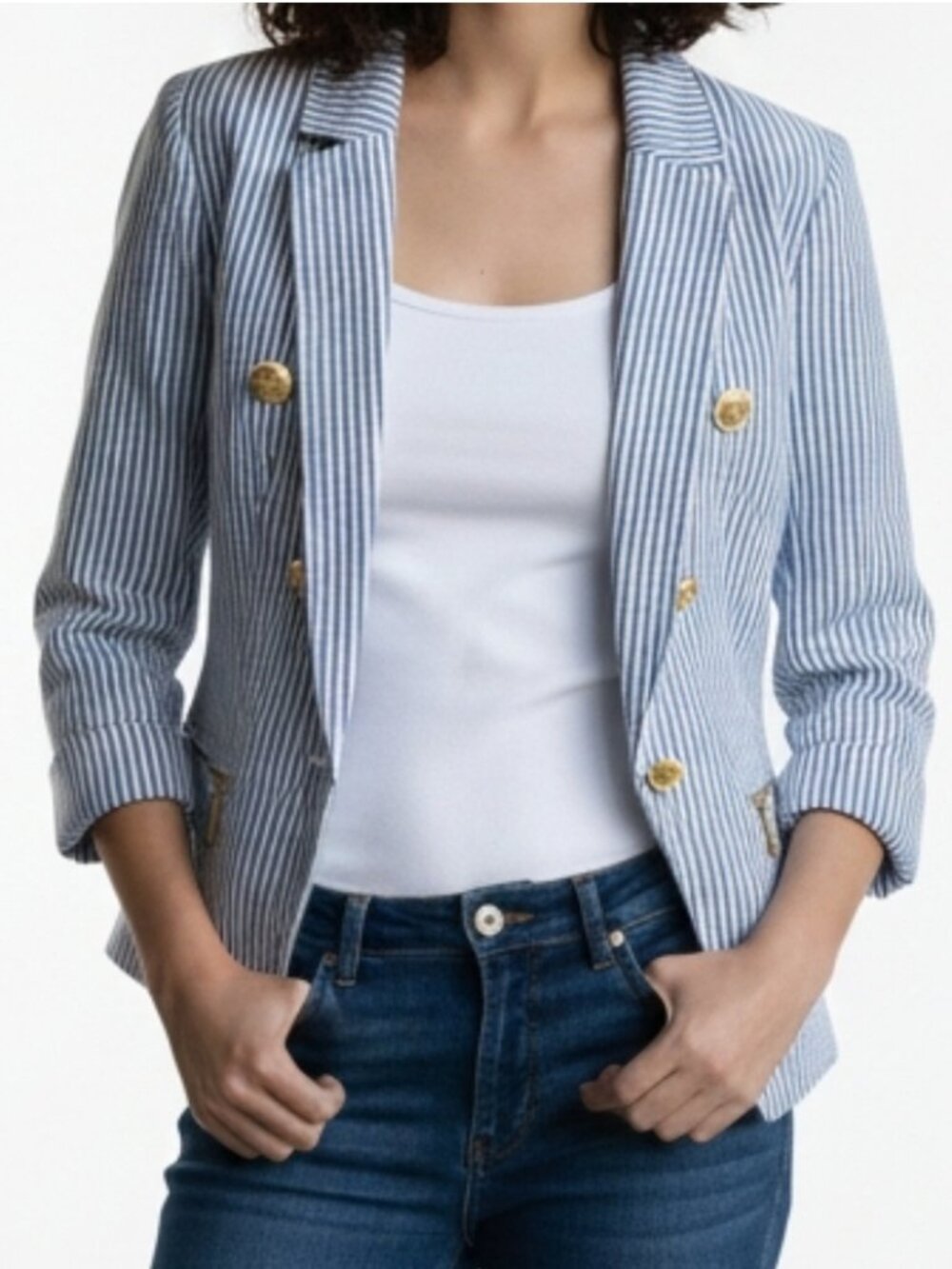 Dynamite Blue & White Striped Seersucker Blazer